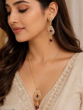 New Elegant Indian 18k Gold Plated Filigree Necklace Set with Ruby Accents